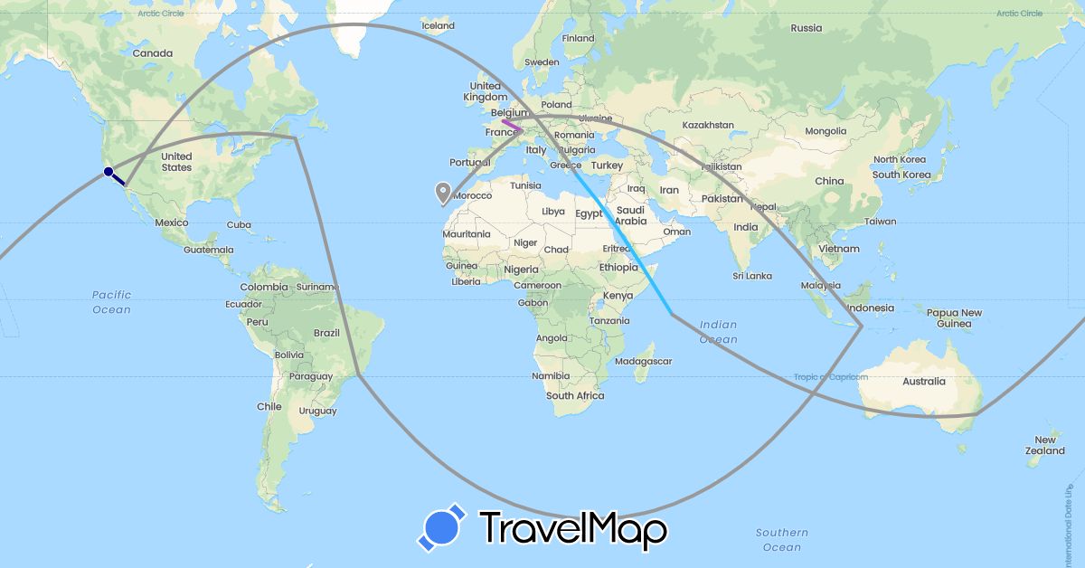 TravelMap itinerary: driving, plane, train, boat in Australia, Brazil, Canada, Switzerland, Spain, France, Greece, Indonesia, Seychelles, United States (Africa, Asia, Europe, North America, Oceania, South America)